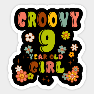 9th Birthday Retro Groovy Girl 9 Years Old Birthday Hippie Sticker